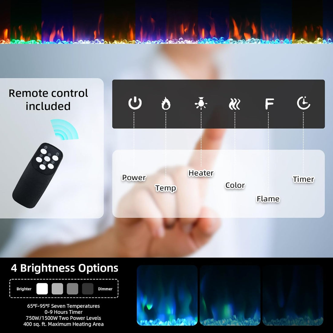New 100 Inch Electric Fireplace Inserts,Wall Mounted with Timer, Remote Control