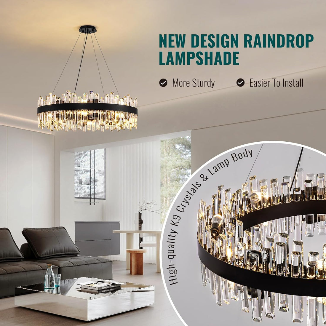 Modern Crystal Chandelier – 16-Light Farmhouse Black Round Raindrop Chandelier