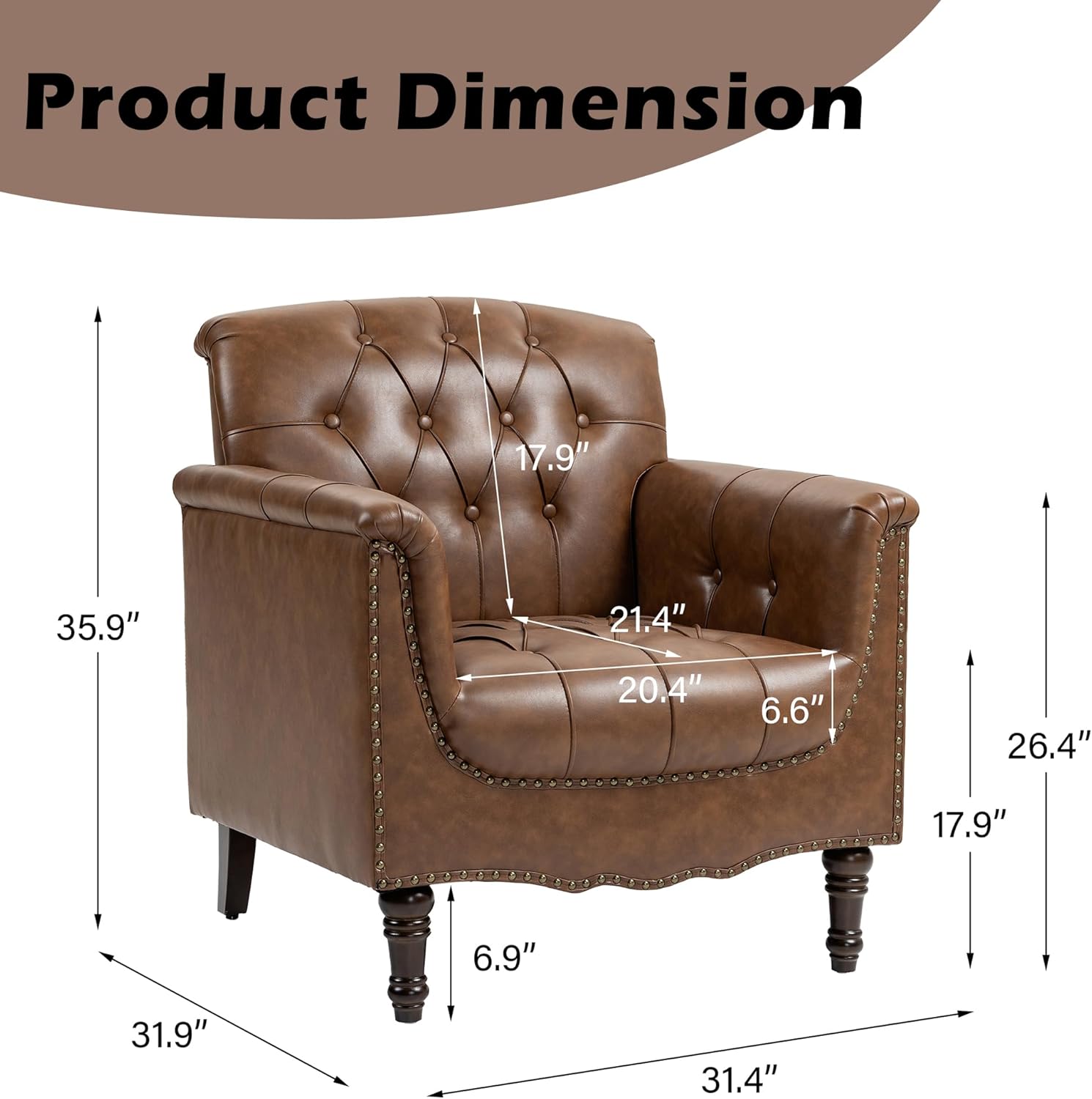 Brown leather armchair with dimensions marked on a white background