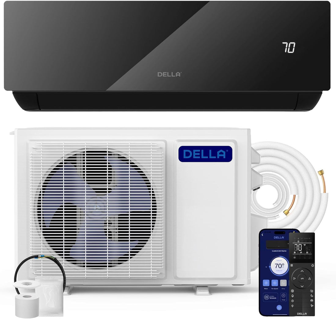Della air conditioner split system kit featuring a black indoor wall-mounted unit with a digital display, a white outdoor condenser, a white connecting hose, a remote control, and a blue wireless receiver, all shown on a clean white background.