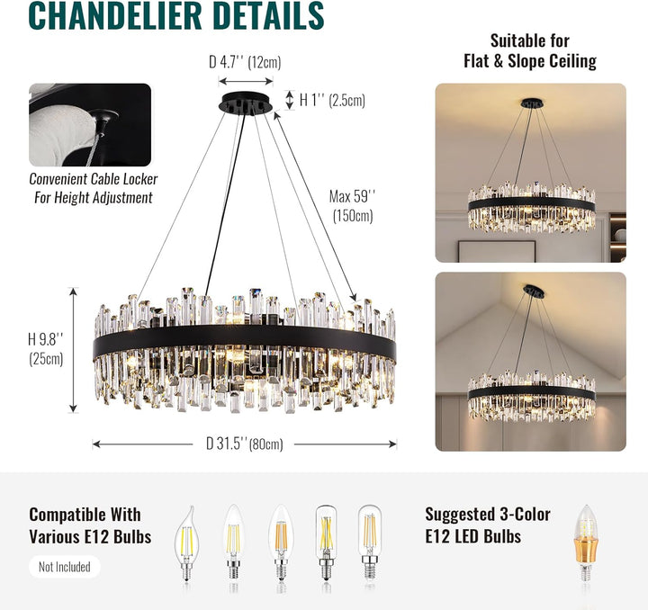 Chandelier with detailed specifications and compatibility information on a white background