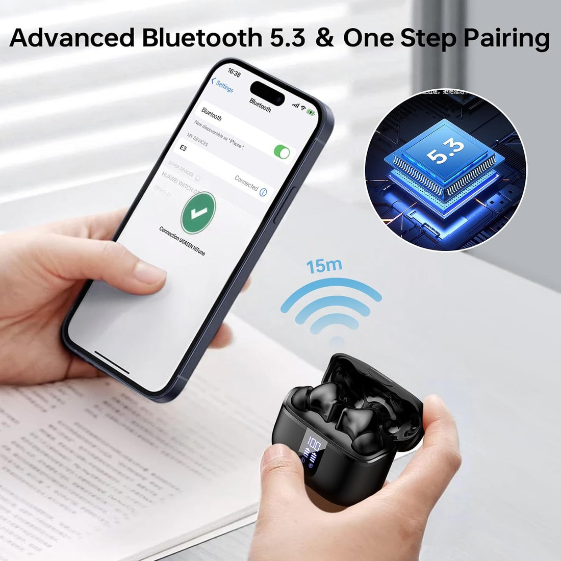 New Waterproof Wireless Earbuds, Bluetooth 5.3 Wireless Earphones in Ear with ENC Noise Cancelling Mic, Clear Sound, , Touch Control Bluetooth Earphones for Ios/Android/Sport (Black)