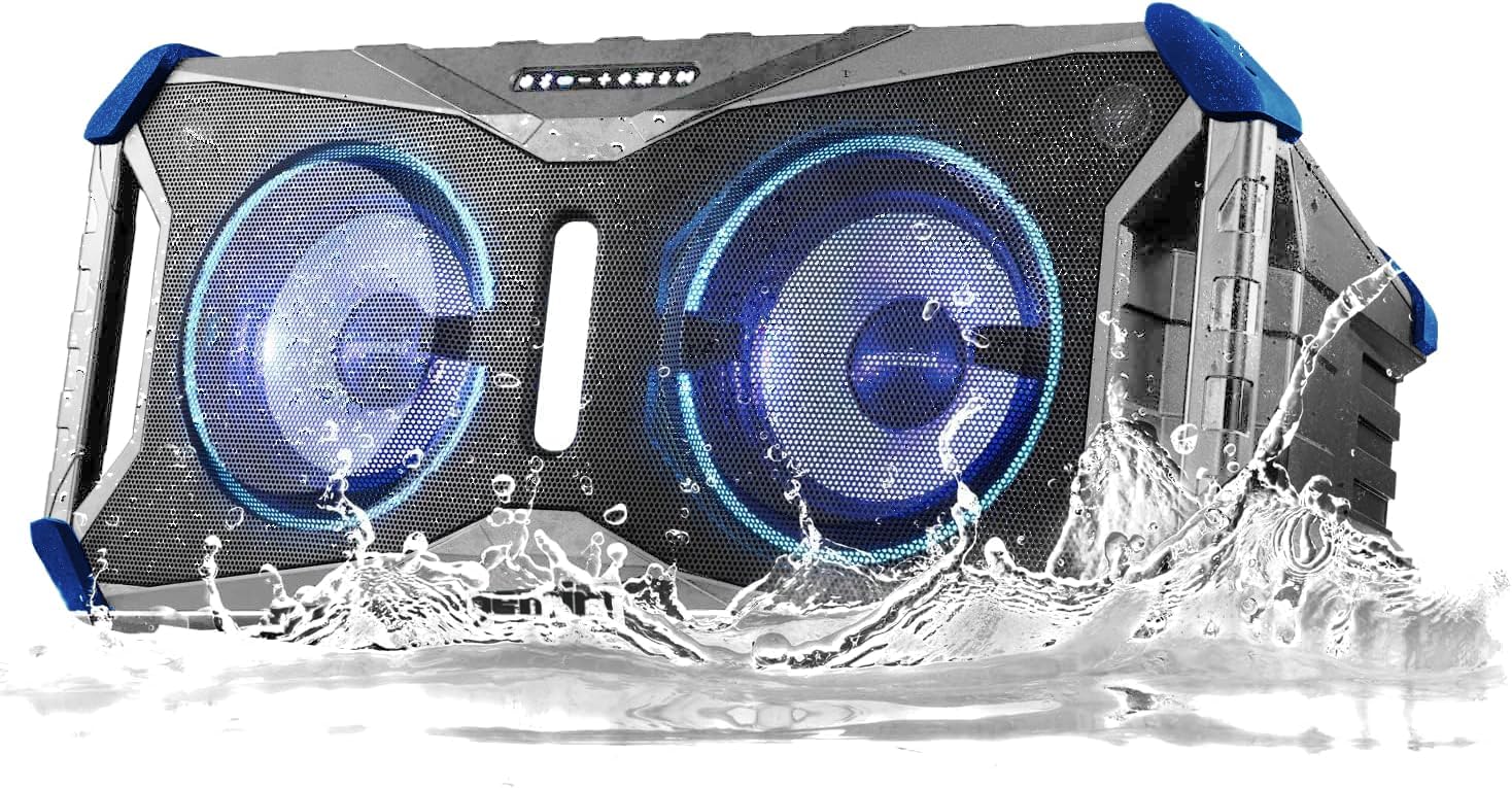 Soundsplash 400W Floating Waterproof Wireless Bluetooth Speaker, LED Light Show, Dual 8” Woofers & NFC Pairing - Perfect for Pool Parties, Beach, Travel & Home Fun (Gray/Blue)