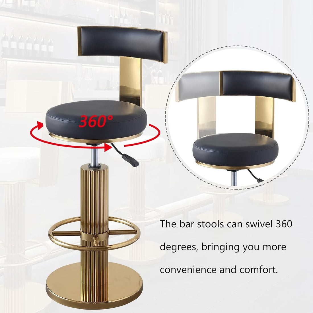 Bar stool with 360-degree swivel feature on a white background