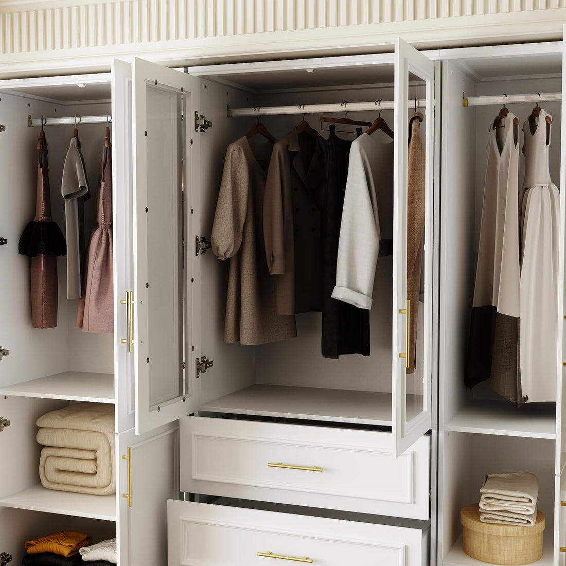 Open wardrobe with clothes and bags inside