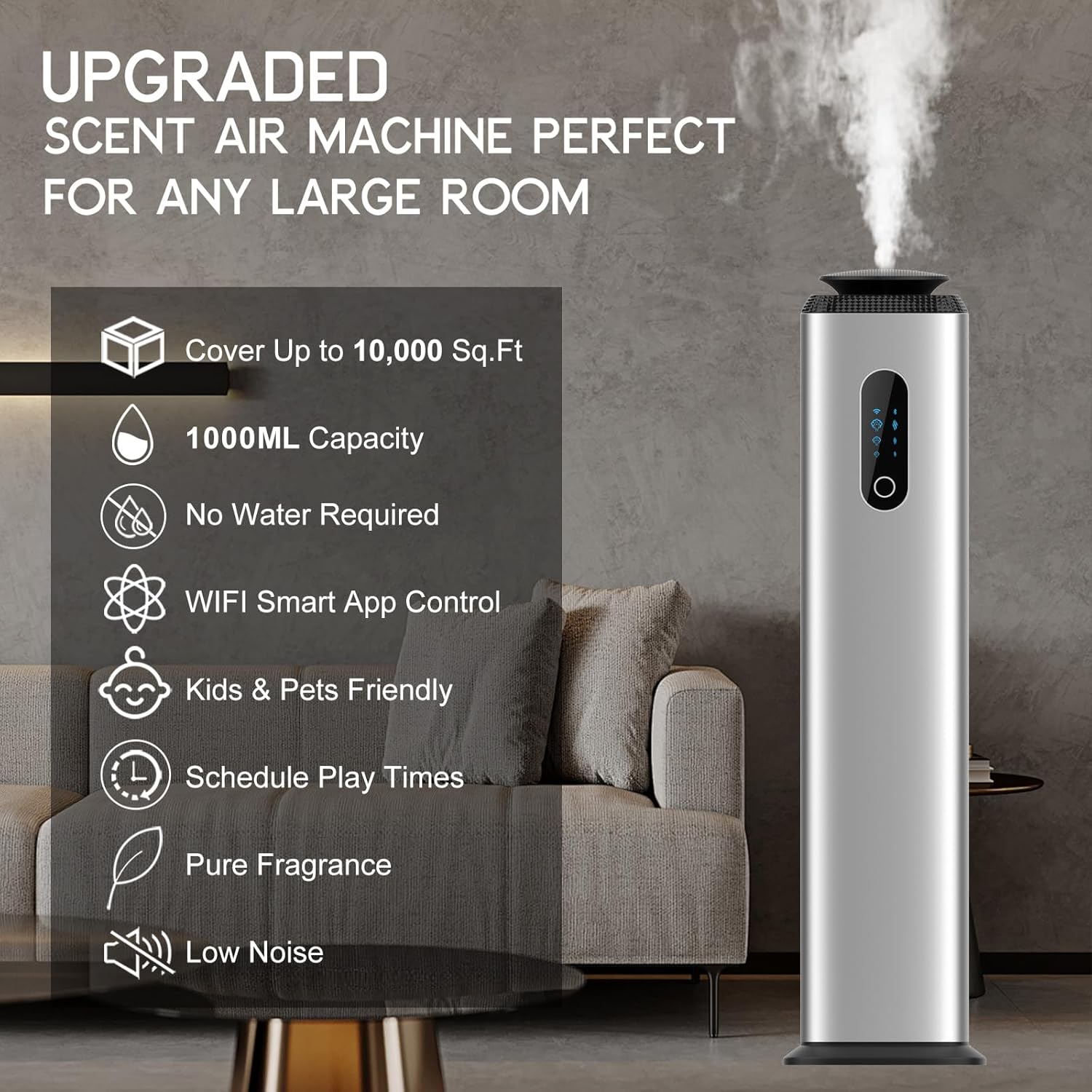 1000ML- Tower Hotel Scent Diffuser with Wifi App Control for Whole House - Commercial Diffuser Machine Cover 10000 Sq Ft - Scent Air Machine & Waterless Essential Oil Diffuser for Large Room - Silver