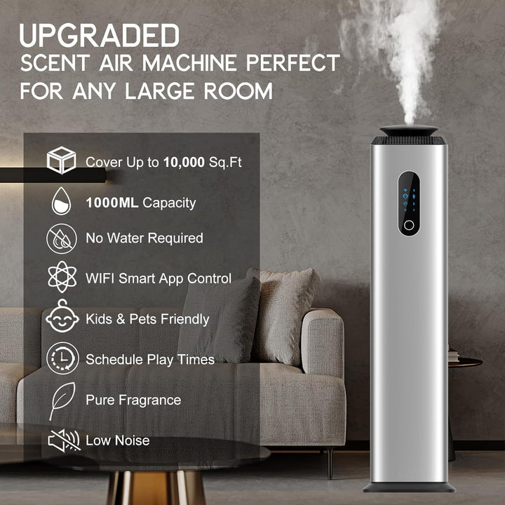 1000ML- Tower Hotel Scent Diffuser with Wifi App Control for Whole House - Commercial Diffuser Machine Cover 10000 Sq Ft - Scent Air Machine & Waterless Essential Oil Diffuser for Large Room - Silver