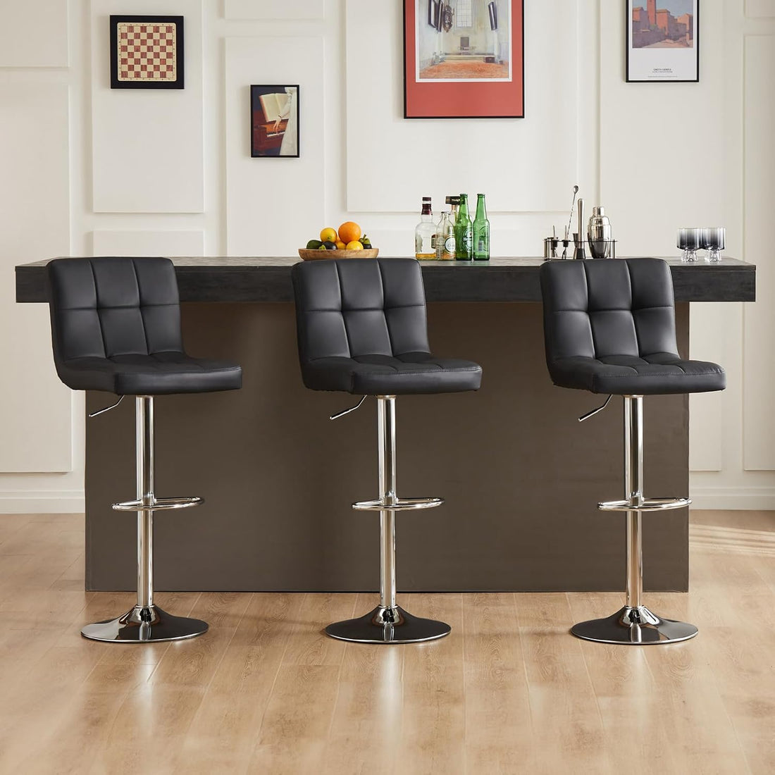 Bar Stools Set of 4, 24 Inch Counter Height Bar Stools, Upholstered Modern Kitchen Barstools with Metal Base, PU Leather Saddle Stools for Kitchen Island, Inky Black