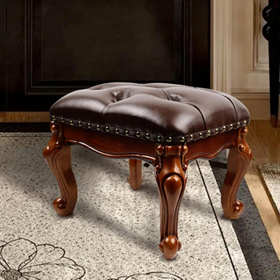 Leather Foot Stool – Small Vintage Ottoman Foot Rest with Wooden Base