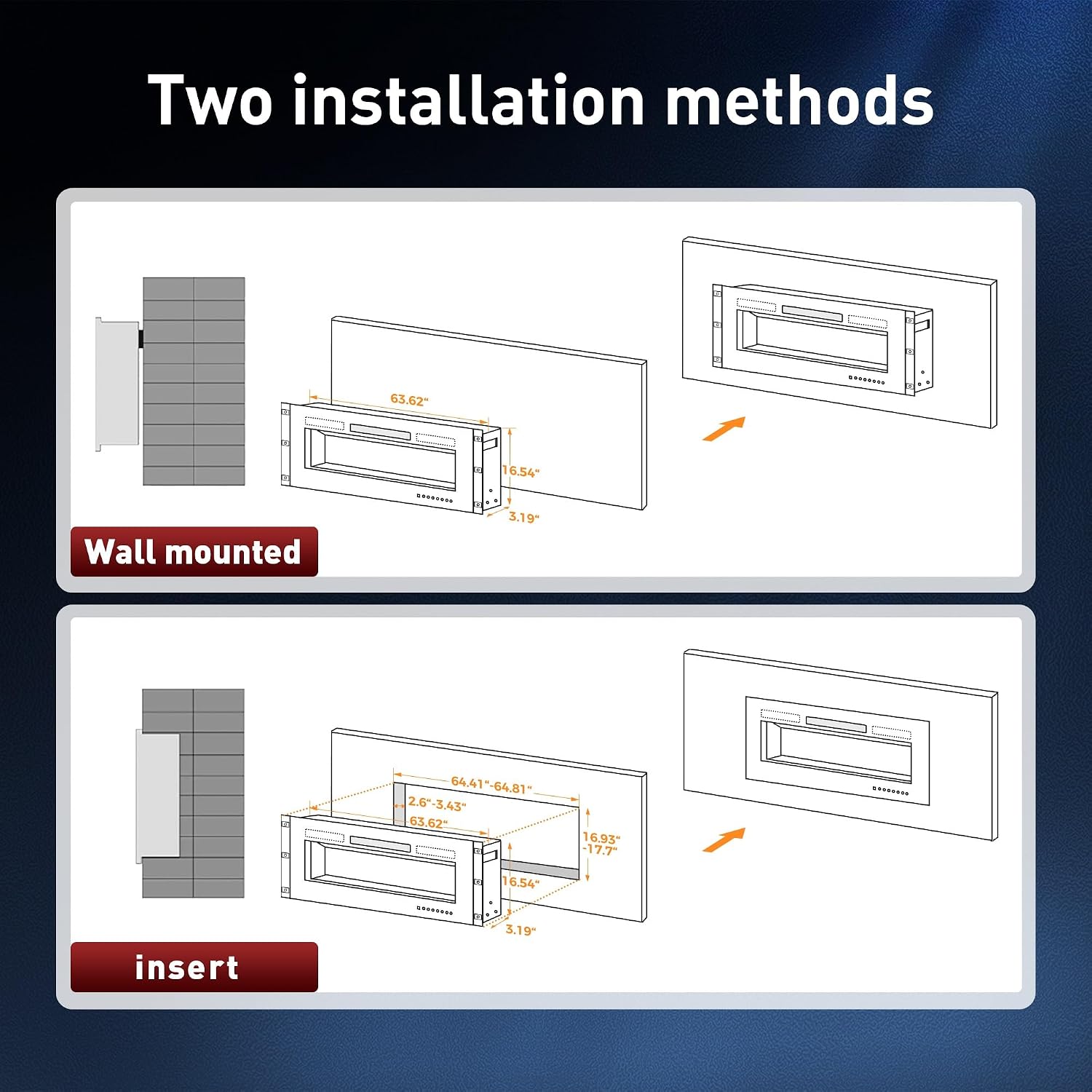 Premium Home 72-Inch Electric Fireplace – Recessed & Wall Mounted Linear Fireplace with Remote Control
