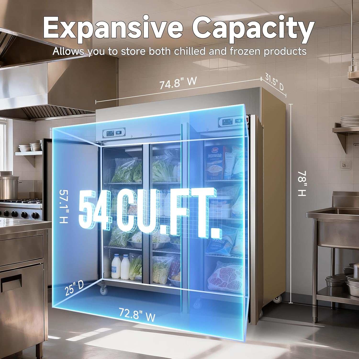 A large commercial refrigerator in a kitchen setting with overlaid dimension labels and a glowing blue box indicating 54 cu.ft.