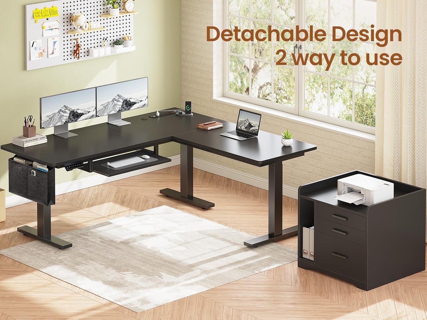 New L-Shaped Electric Standing Desk with Drawers, Power Outlet, Stand up Gaming Table with Led Lights