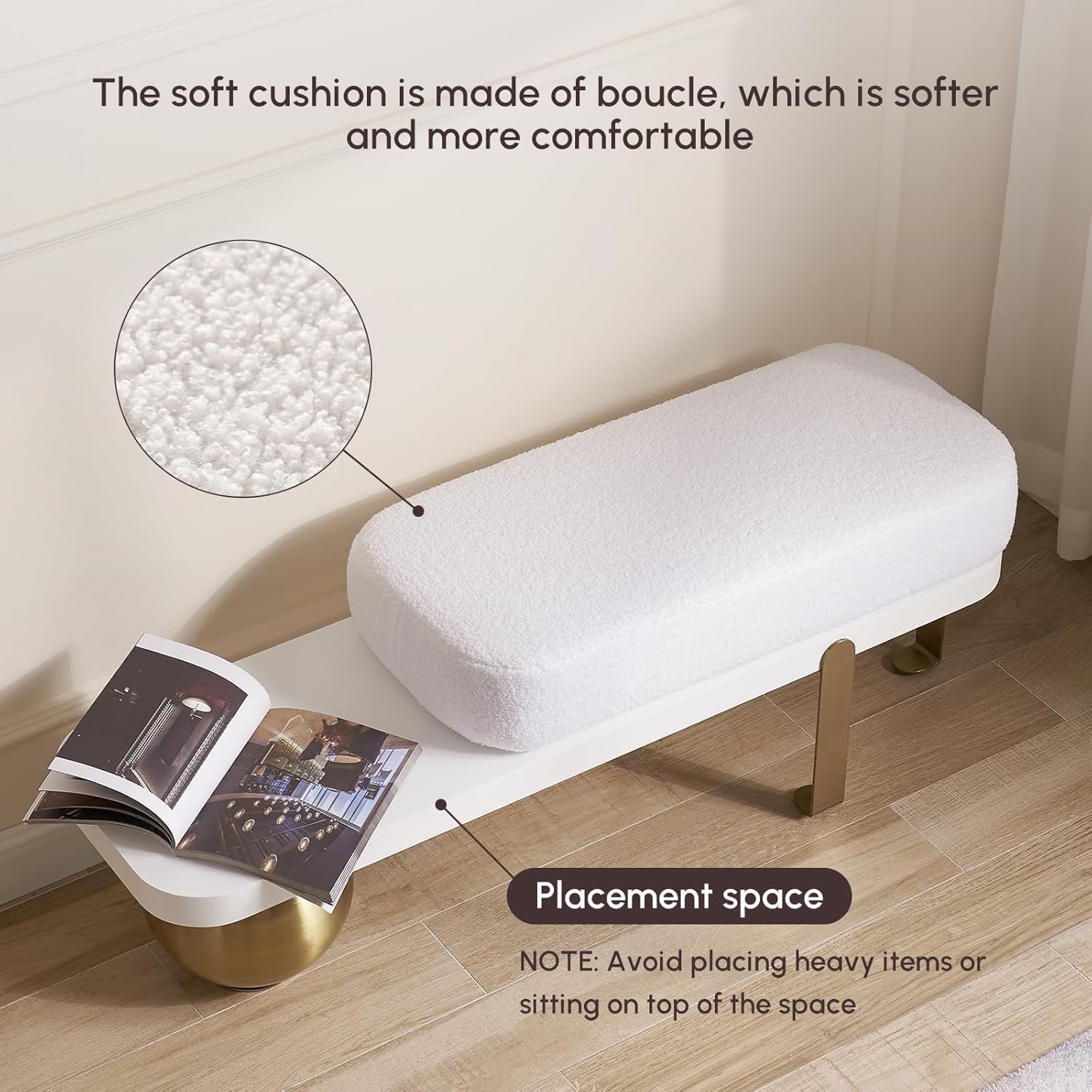Modern Wooden Bouclé Upholstered Bench – Abstract Metal Leg with Lambswool Cushion