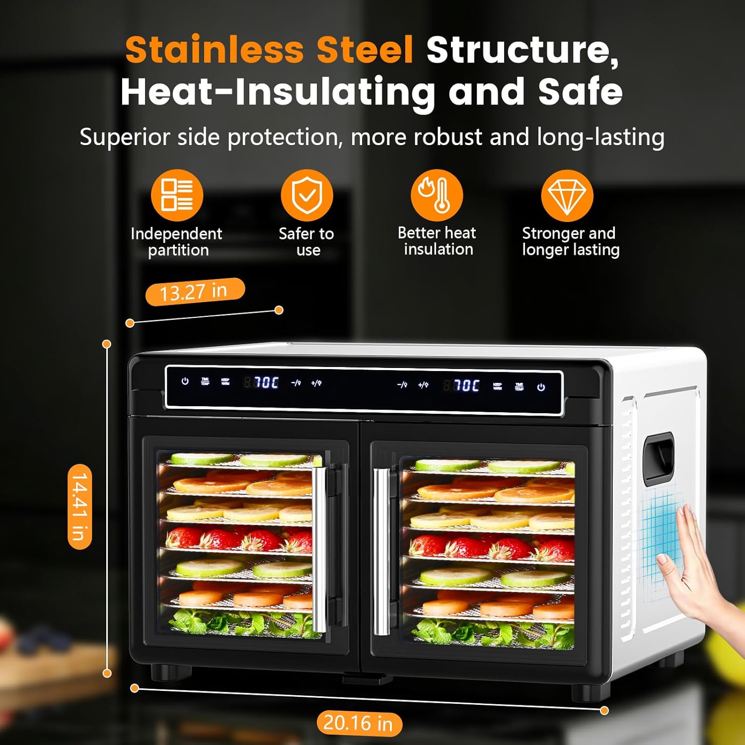 Food dehydrator with digital display and food inside, on a dark background with text about its features.