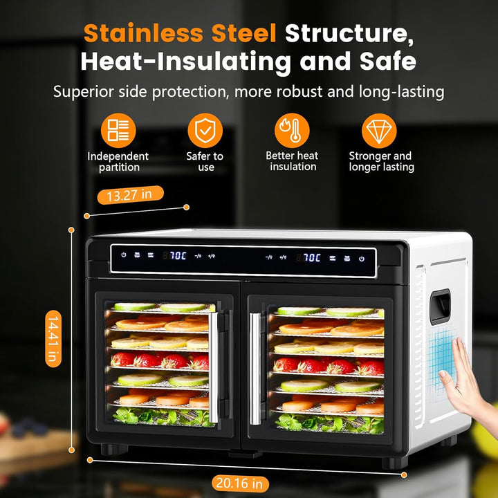 Food dehydrator with digital display and food inside, on a dark background with text about its features.