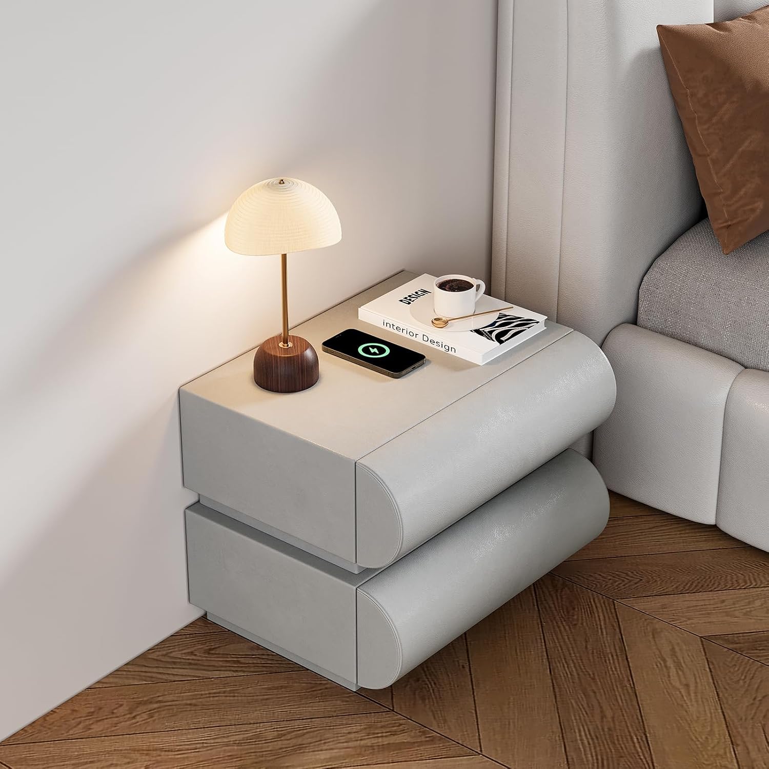 Smart Home Nightstand Modern Light Gray Leather Nightstand with Wireless Charger
