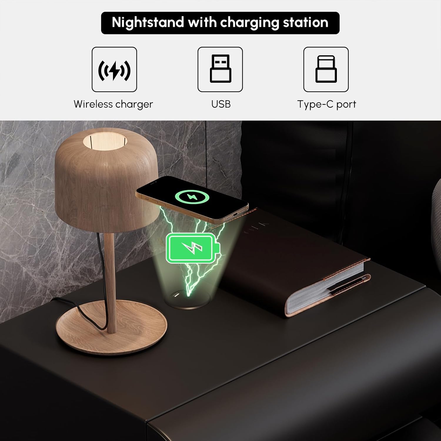 Smart Home Nightstand Modern Light Gray Leather Nightstand with Wireless Charger