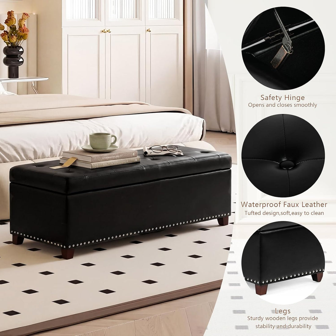 Black storage ottoman in a bedroom setting with close-up details of safety hinge, waterproof faux leather, and wooden legs.