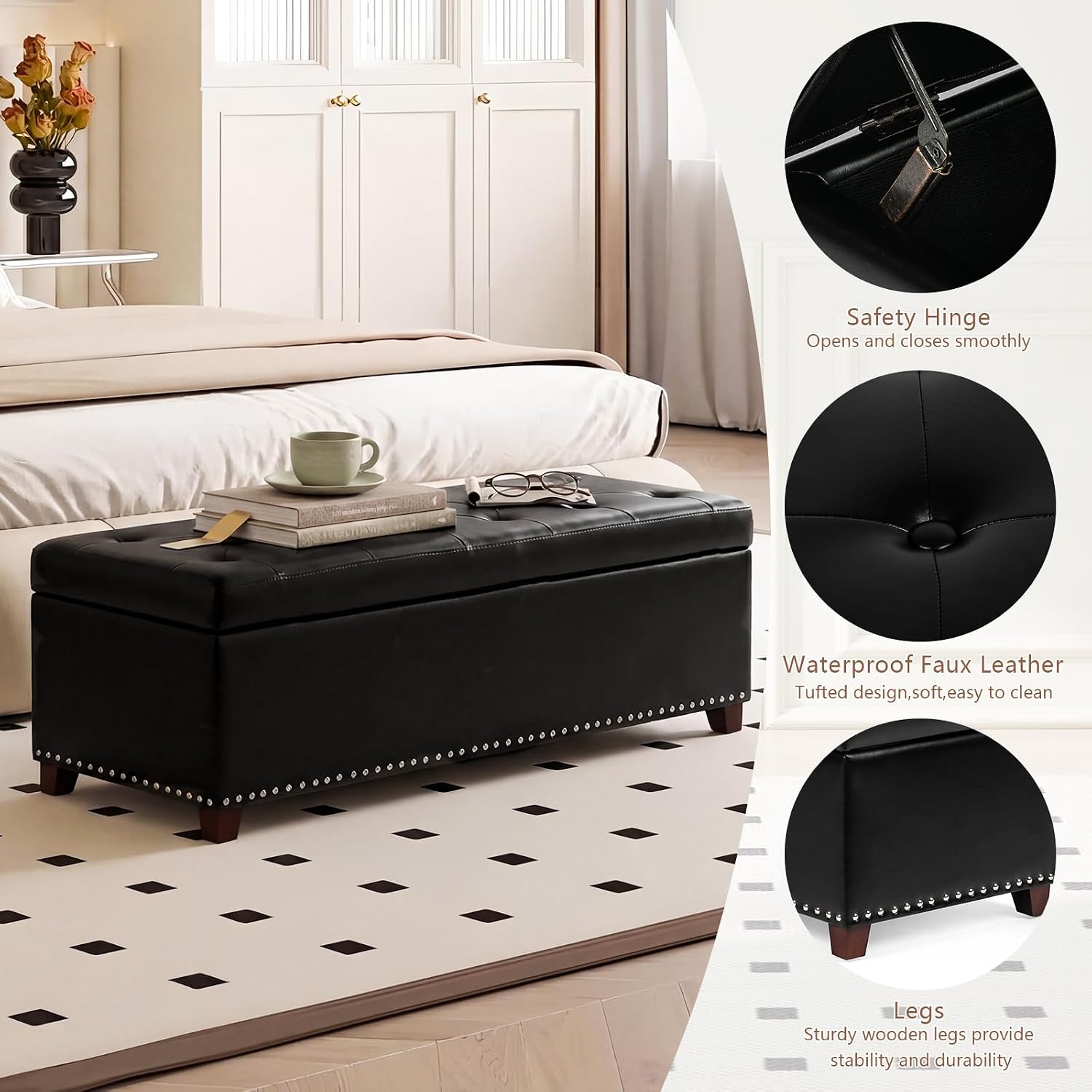 New Storage Ottoman Bench – 51" Leather Tufted End of Bed Bench for Bedroom