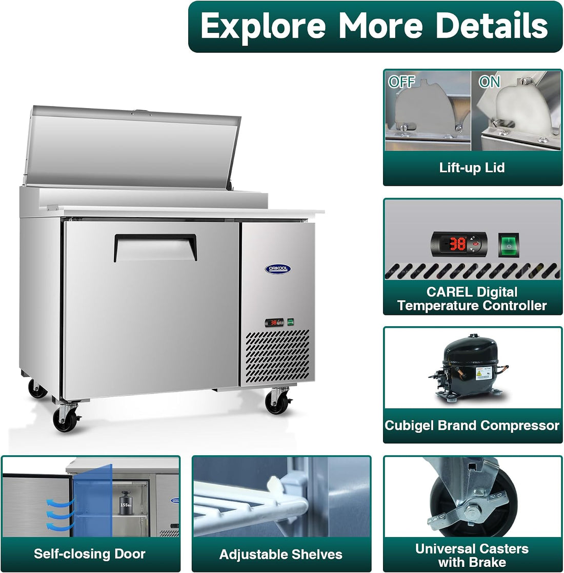 New Commercial Sandwich Pizza Prep Table Refrigerator – Steel Fridge - Digital Temperature Control
