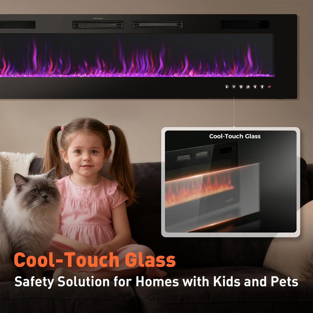 Electric fireplace with cool-touch glass safety feature, child, and cat in a living room setting.