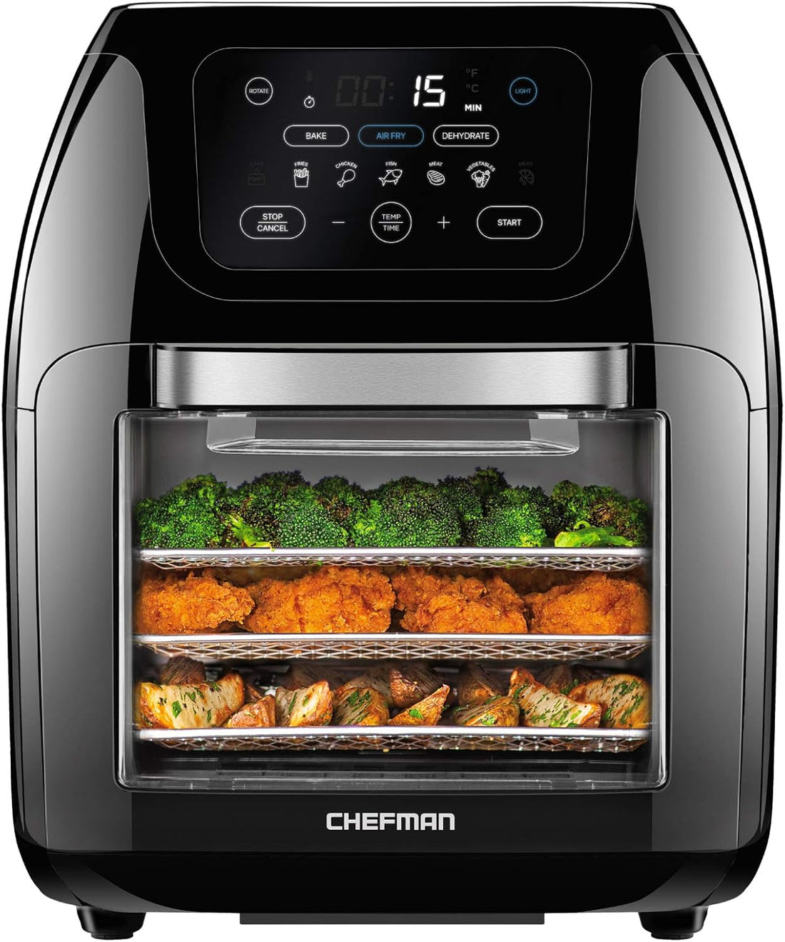 Chefman air fryer with food inside on a white background