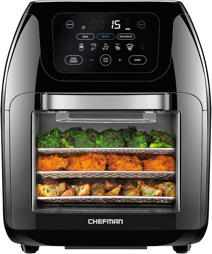 Chefman air fryer with food inside on a white background