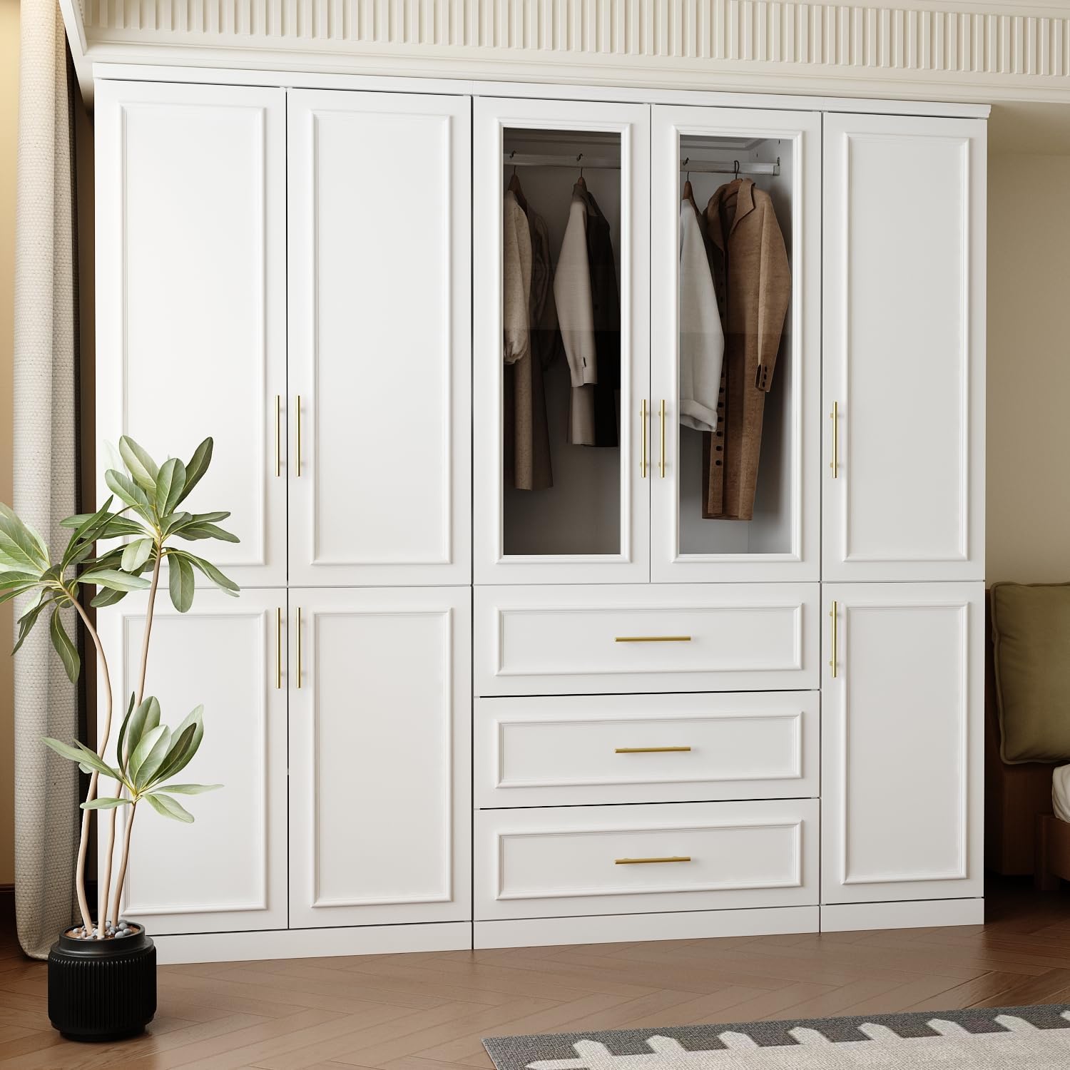 White wardrobe with glass panels and gold handles in a room with a plant and rug.