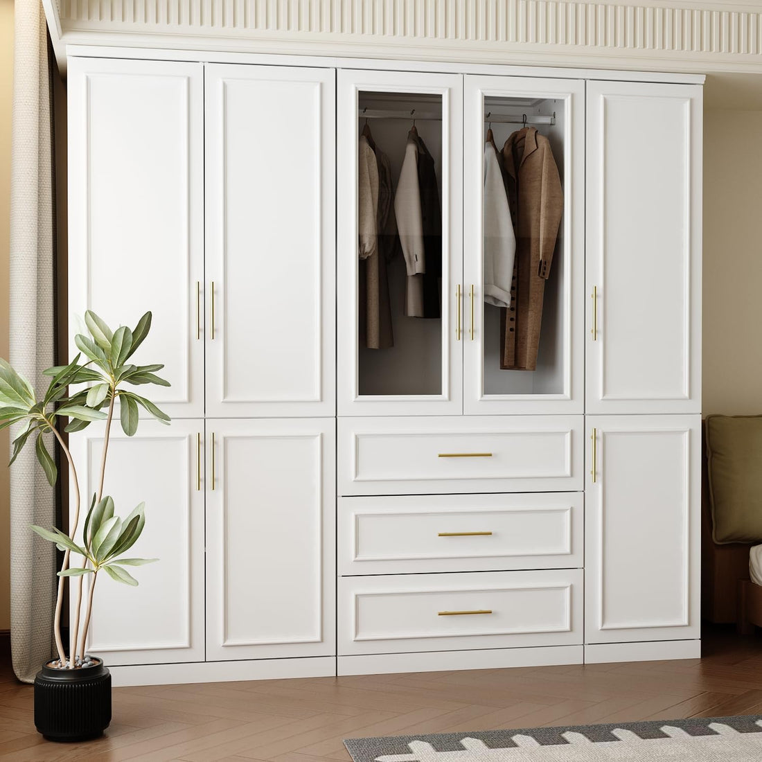 New home Wardrobe Closet Collection with Doors – Modern White Bedroom Armoire with Gold Handles
