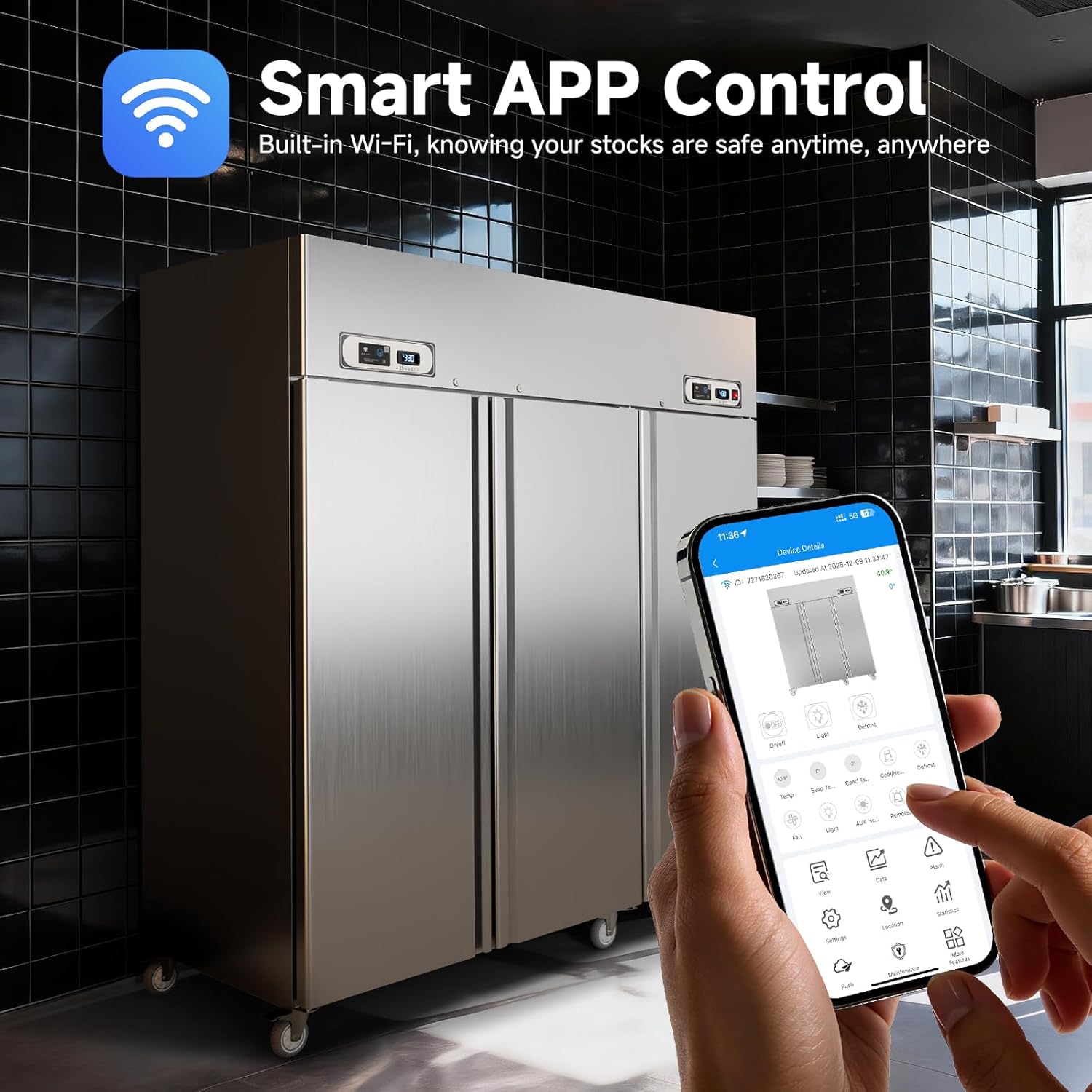 Stainless steel refrigerator with smart app control feature displayed on a smartphone.