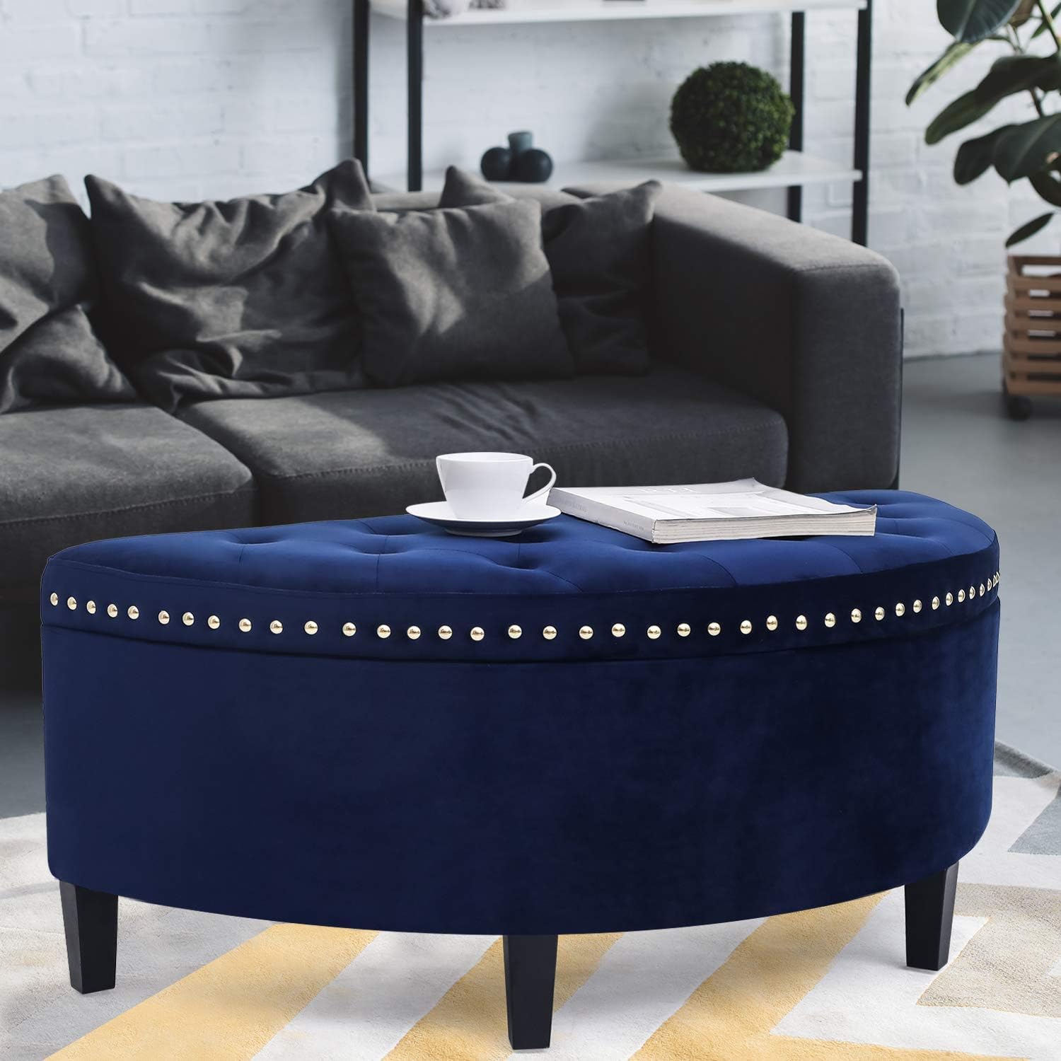 New Velvet Storage Bench – Button Tufted Half Moon Ottoman