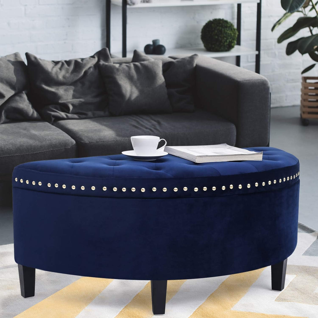 New Velvet Storage Bench – Button Tufted Half Moon Ottoman