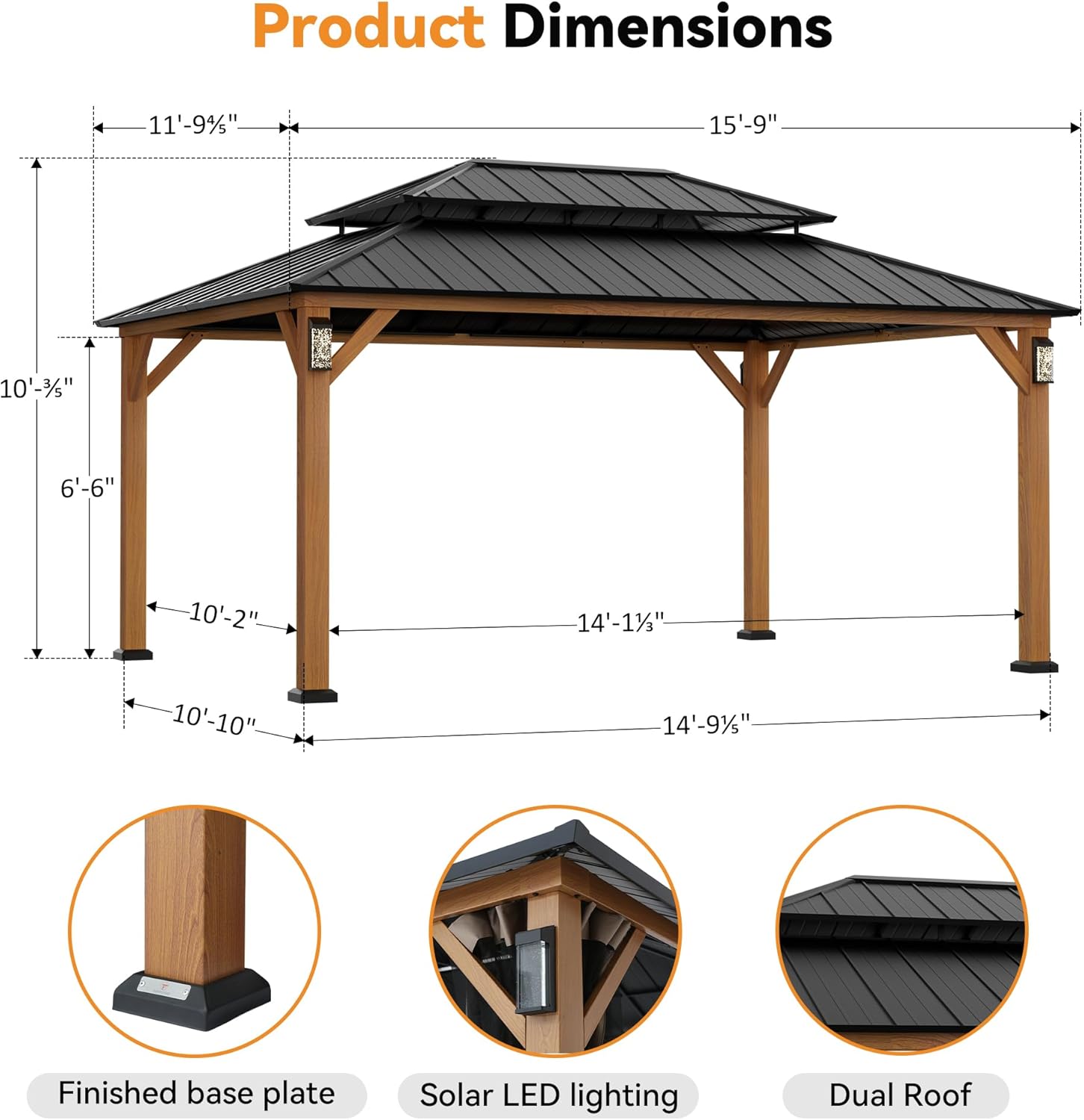 New Italian Hardtop Gazebo Wiith 4 LED Lights with Galvanized Steel Double Roof