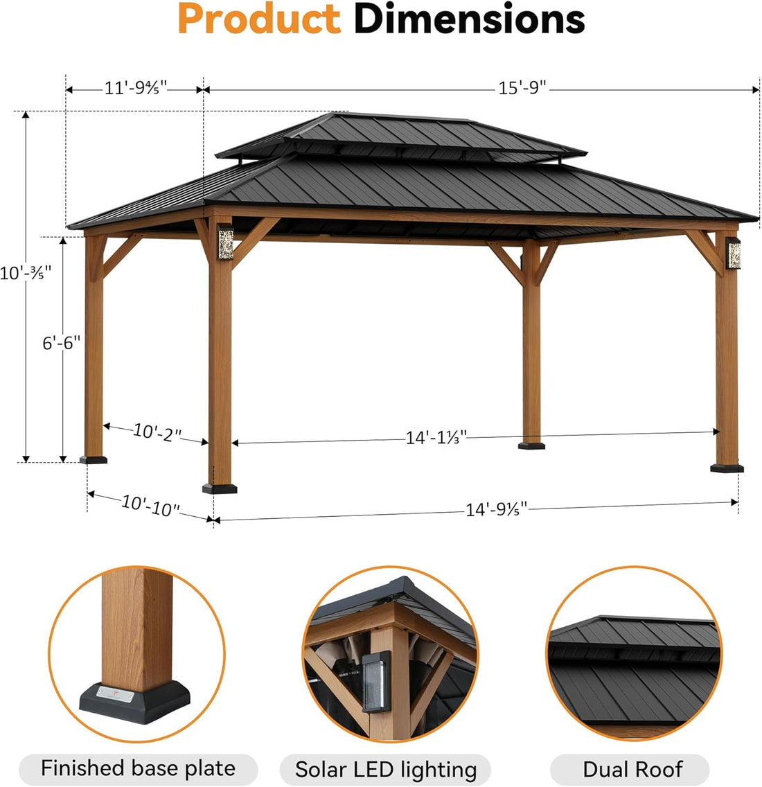 New Italian Hardtop Gazebo Wiith 4 LED Lights with Galvanized Steel Double Roof