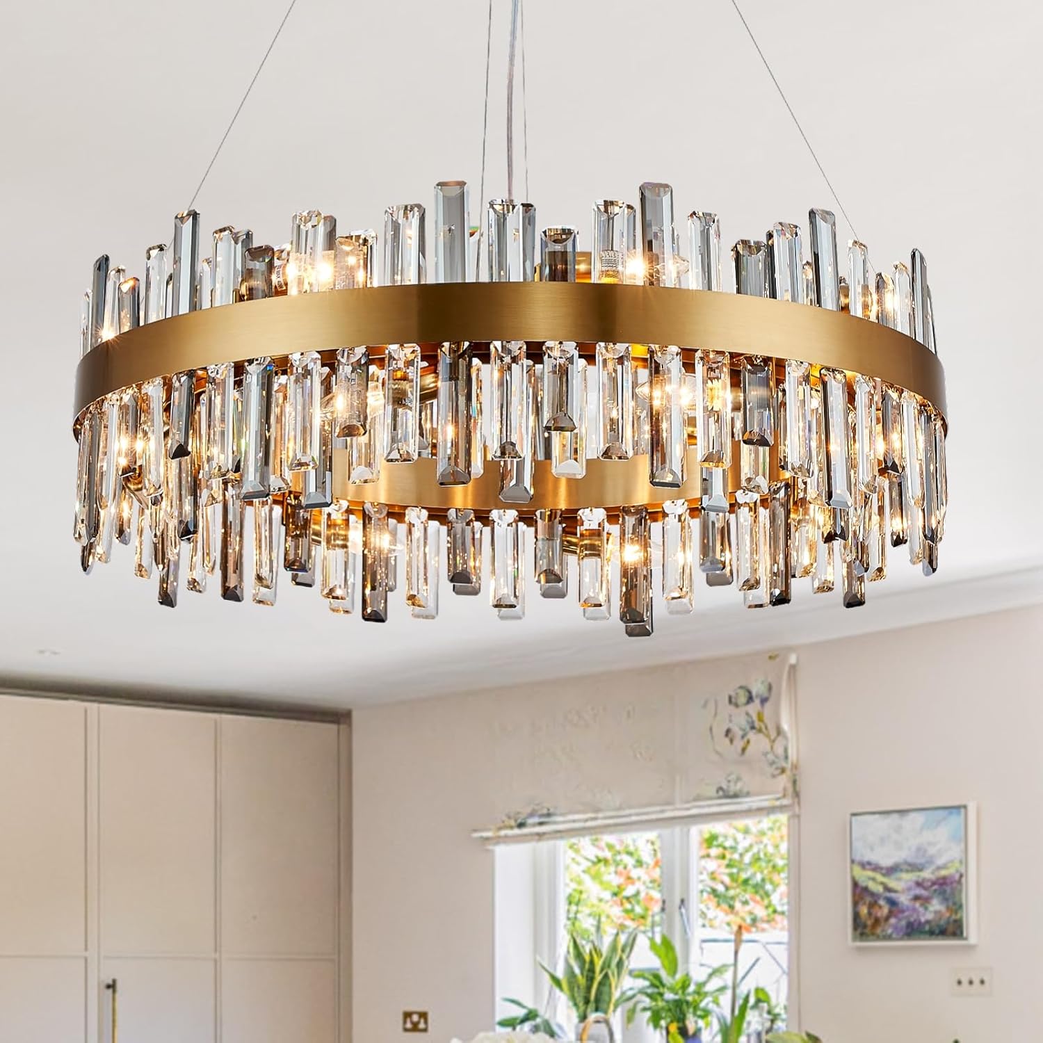 Modern Crystal Chandelier – 16-Light Farmhouse Black Round Raindrop Chandelier