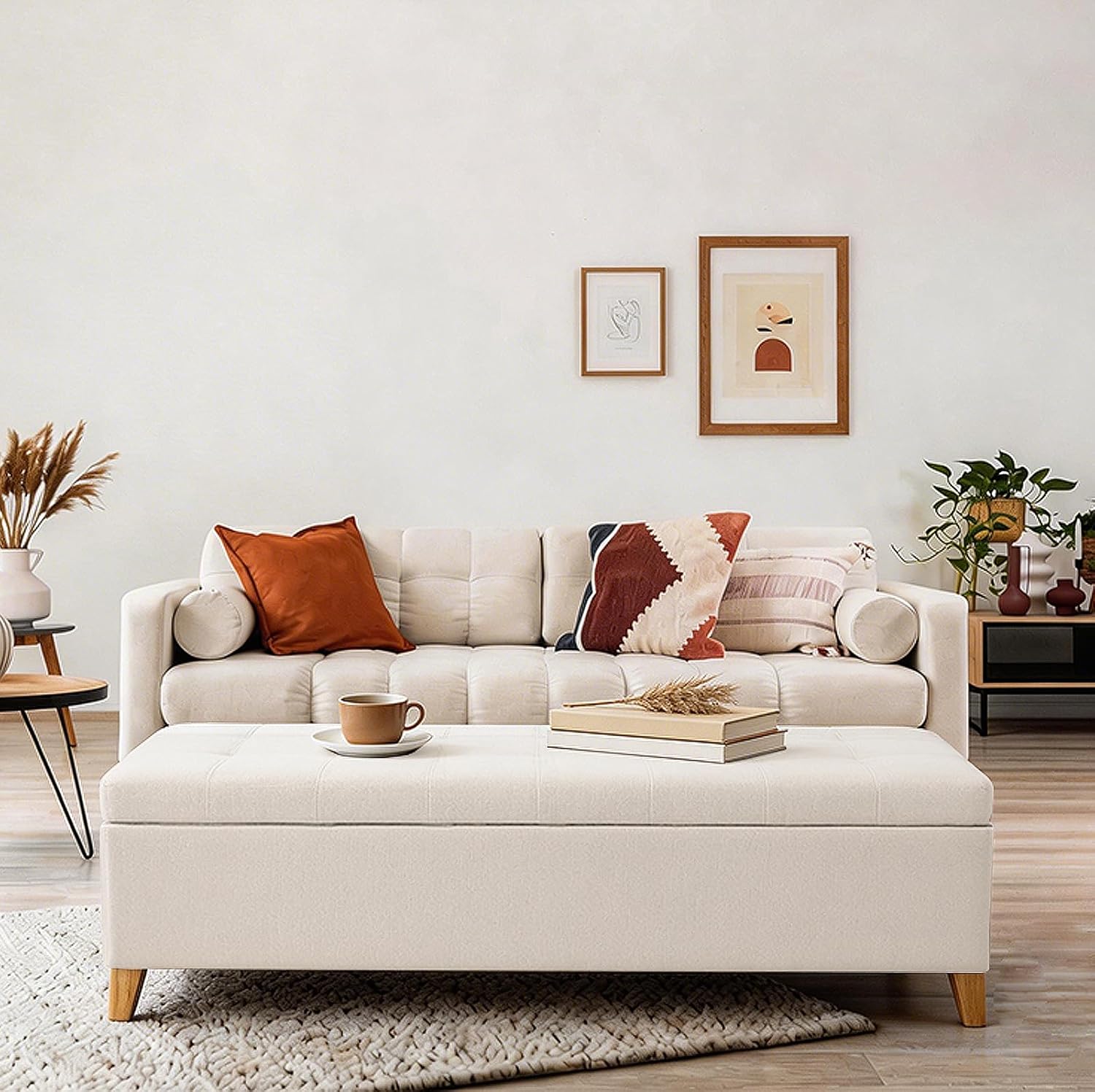 Beige sofa with decorative pillows in a living room setting