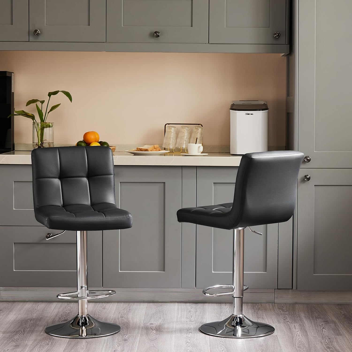 Bar Stools Set of 4, 24 Inch Counter Height Bar Stools, Upholstered Modern Kitchen Barstools with Metal Base, PU Leather Saddle Stools for Kitchen Island, Inky Black