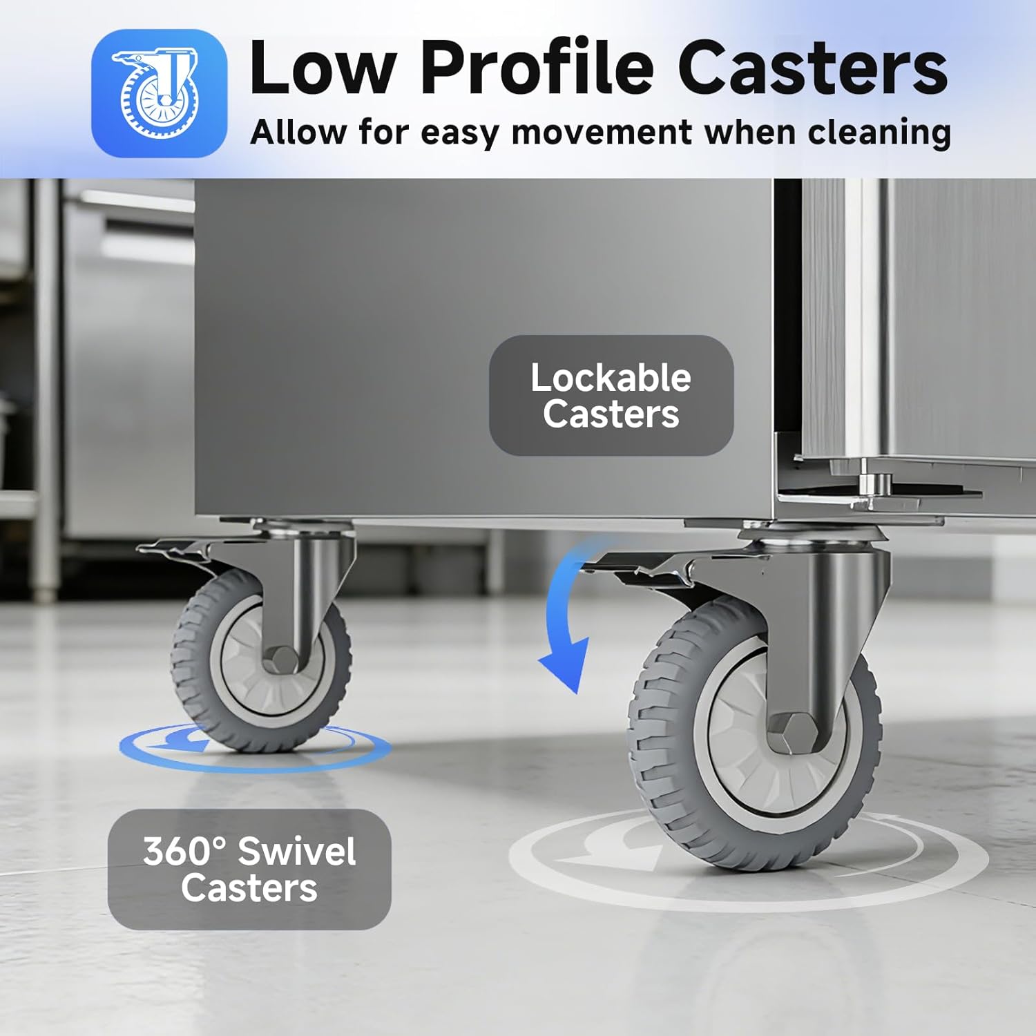 Cart with low profile casters labeled for easy movement, lockable, and 360-degree swivel on a kitchen floor.