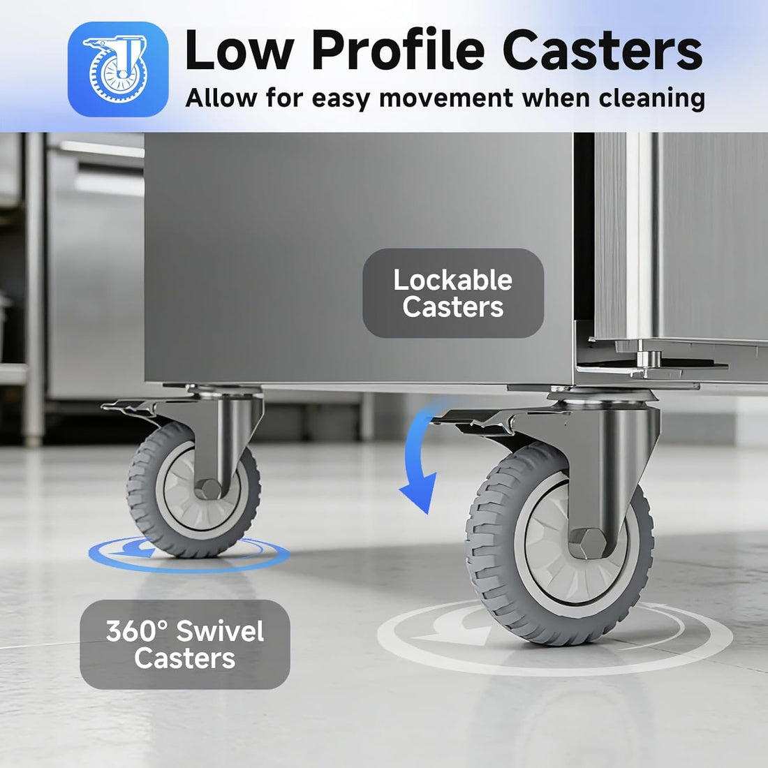 Cart with low profile casters labeled for easy movement, lockable, and 360-degree swivel on a kitchen floor.