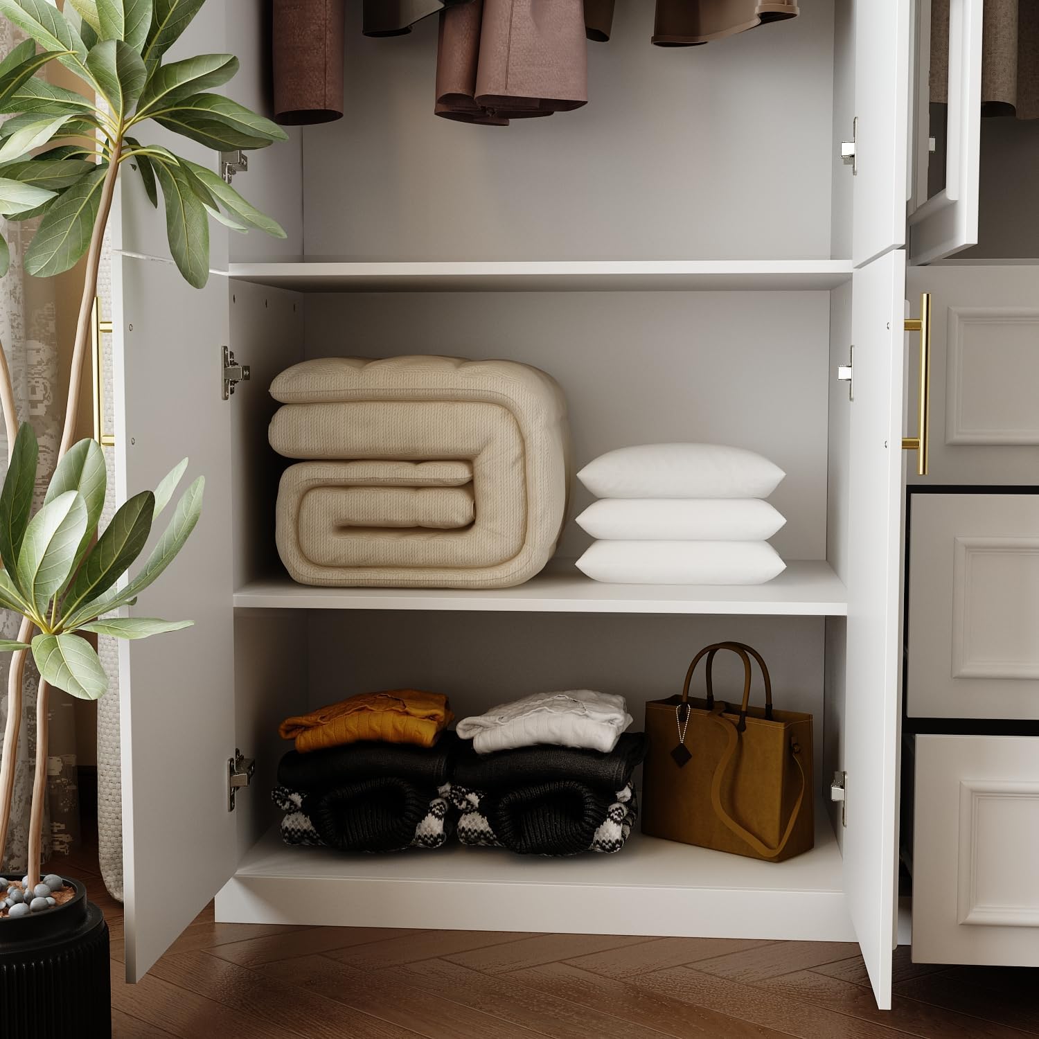 New home Wardrobe Closet Collection with Doors – Modern White Bedroom Armoire with Gold Handles