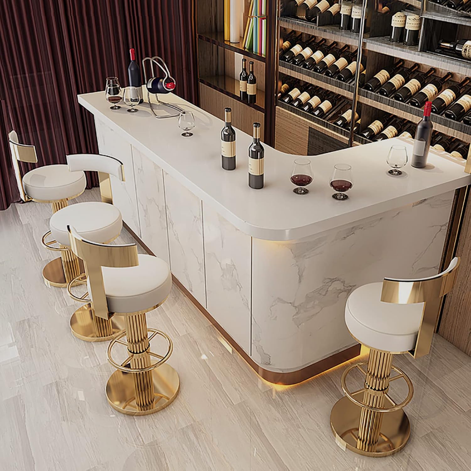 Modern bar setup with marble countertop, wine bottles, and stools in a stylish interior.