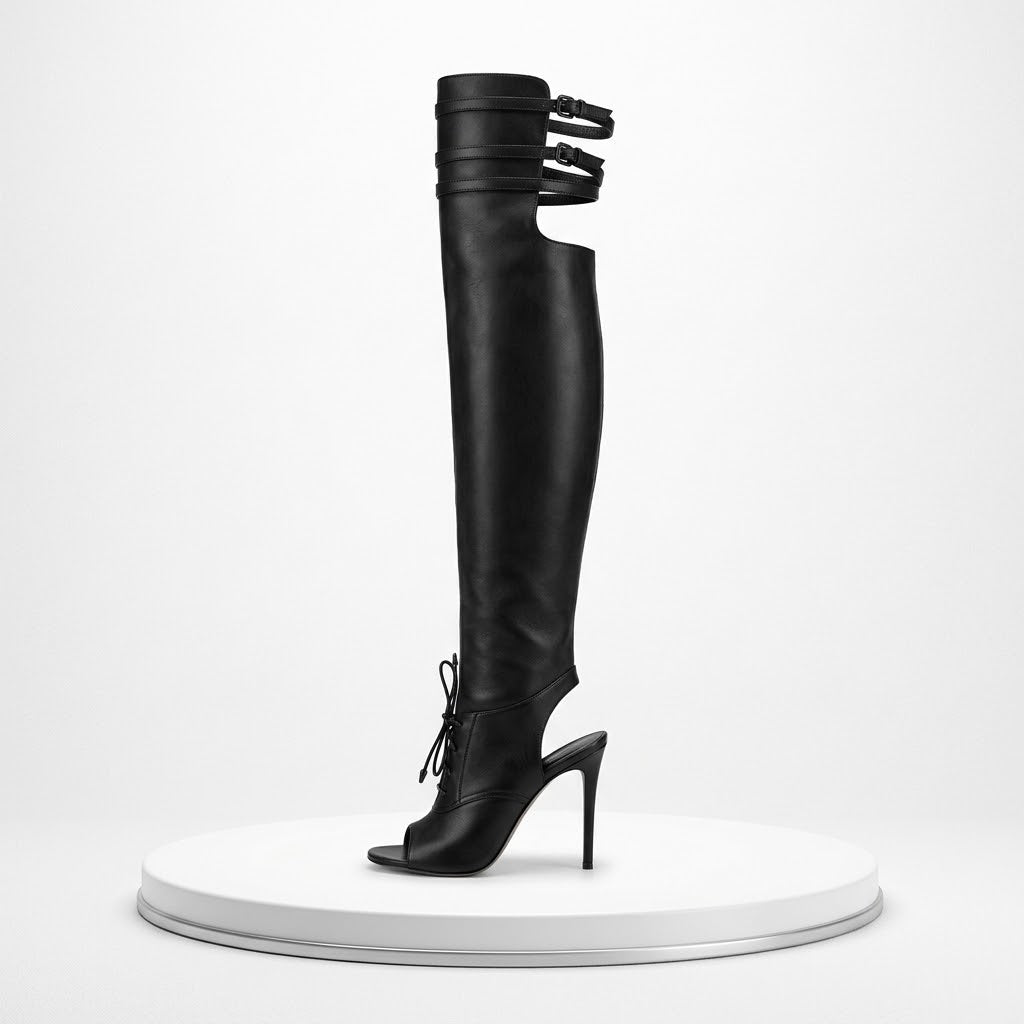 Women’s Black Over-the-Knee Open-Toe Stiletto Boots with Buckle Straps