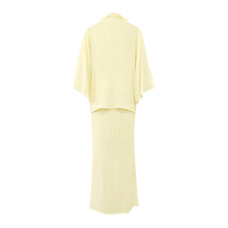 Women Apricot Pleated 2 Piece Skirt Set Spring Summer Dress