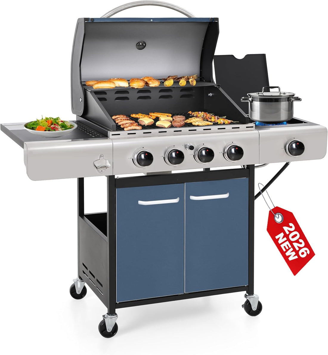 6 Burner Propane Gas BBQ Grill with Side Burner & Porcelain-Enameled Cast Iron Grate, 65,800 Btus Barbecue Grill 665 Sq. In. Grilling Area, Outdoor Propane Grill for Camping Patio Backyard Cooking