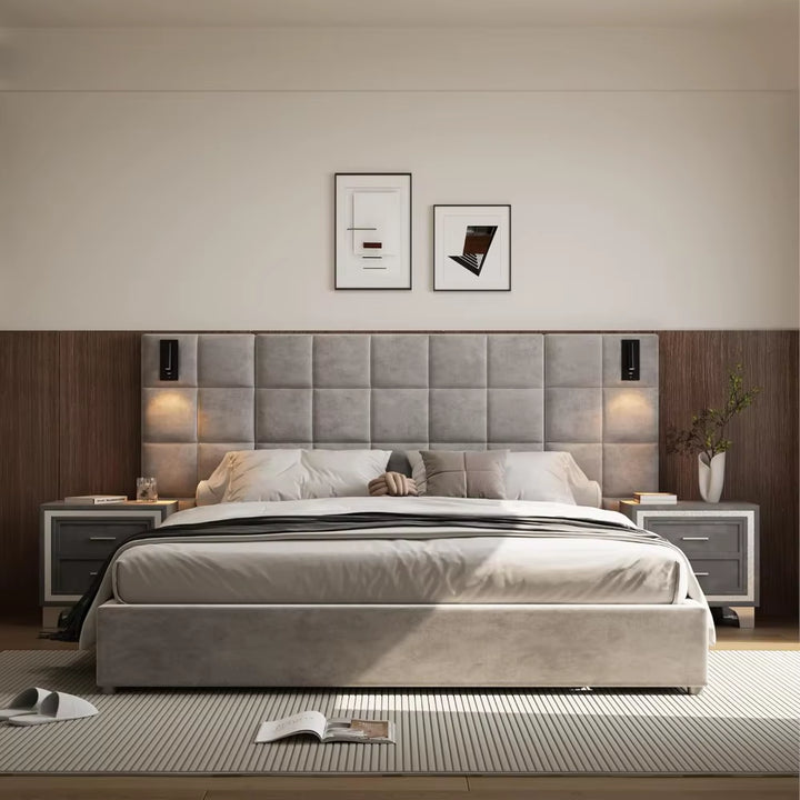 Elegant Velvet, King Platform Bed Frame with Headboard, 2 LED Wall Sconces