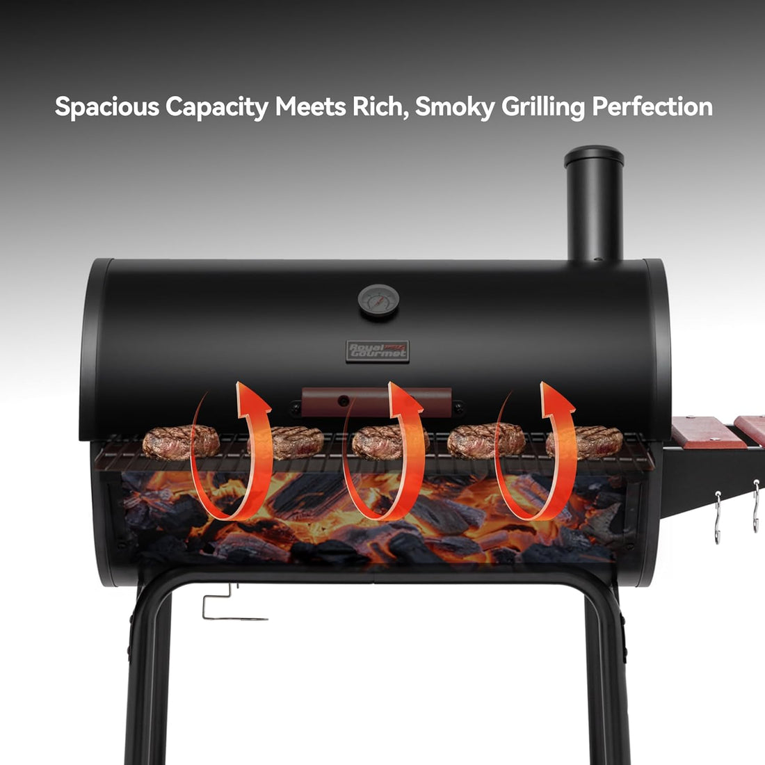 CC1830V 30 Barrel Charcoal Grill with Wood-Painted Side Front Table, 627 Square Inches Cooking Space, for Outdoor Backyard, Patio and Parties, Black