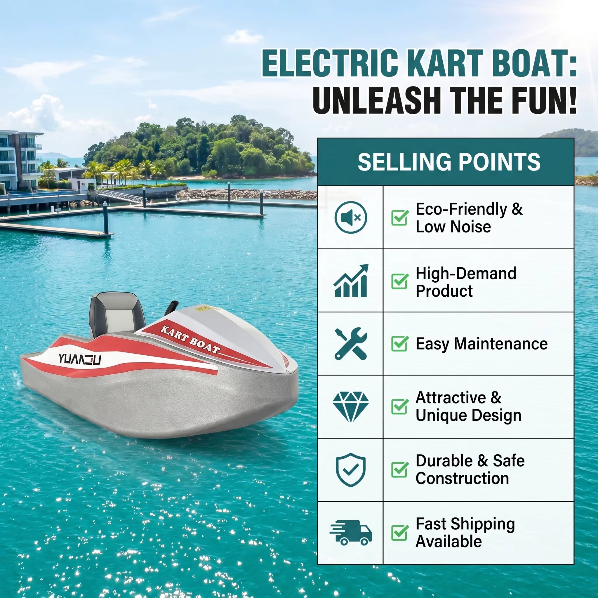 EPP Electric Kart Boat 2 Seats Ocean Waters Surfing Fishing Entertainment Family Leisure Waterproof Durable