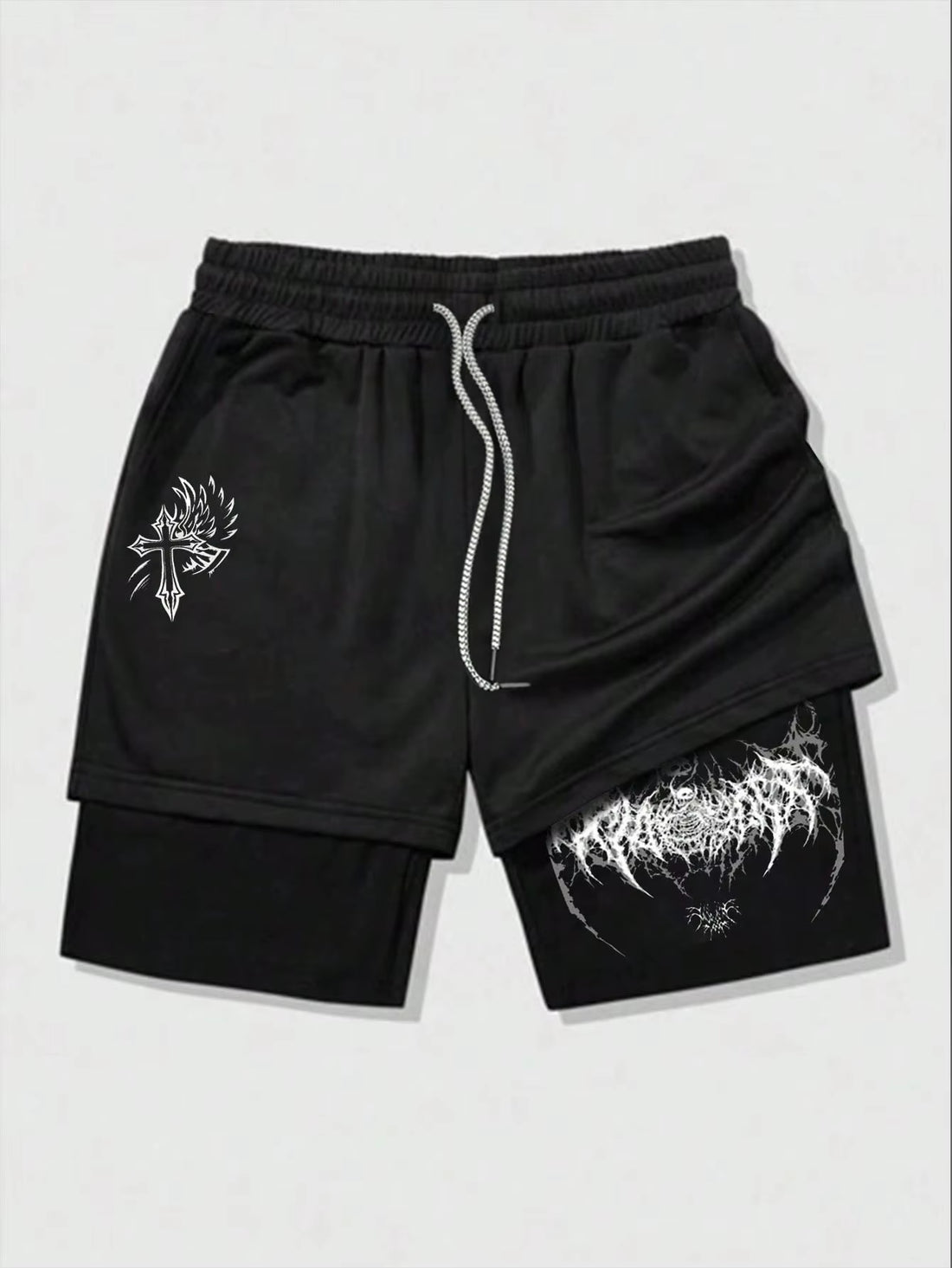 Men's Cross Print Drawstring  Double Layer Shorts 