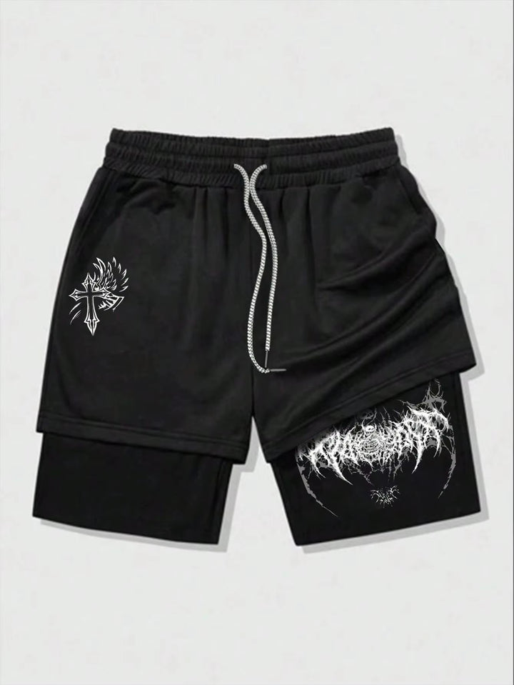 Men's Cross Print Drawstring  Double Layer Shorts 