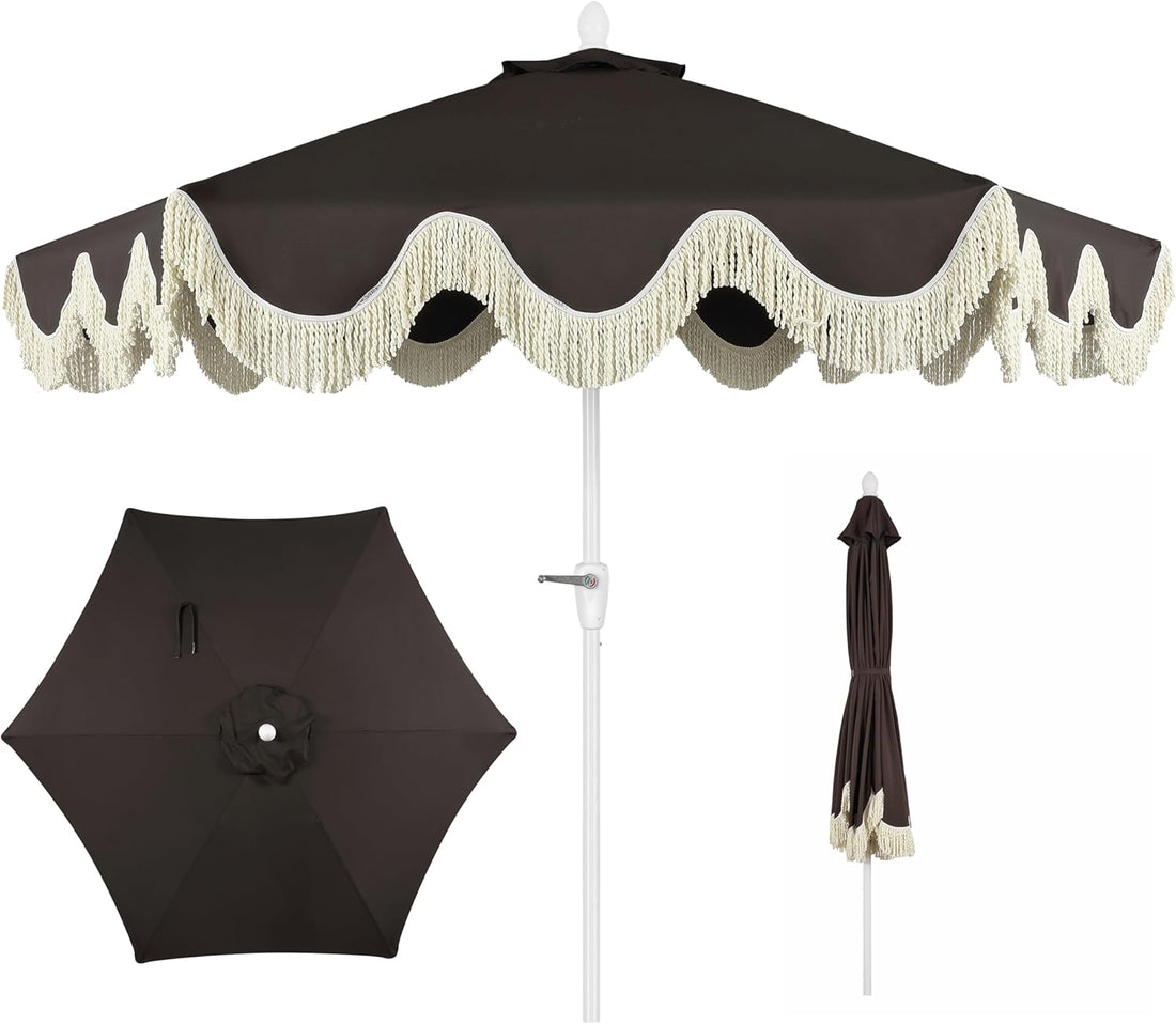 UMB1001 Collins 9 Ft. Classic Cottage Tassel Market Patio Umbrella with Auto-Tilt, Crank, Wind Vent and UV Protection